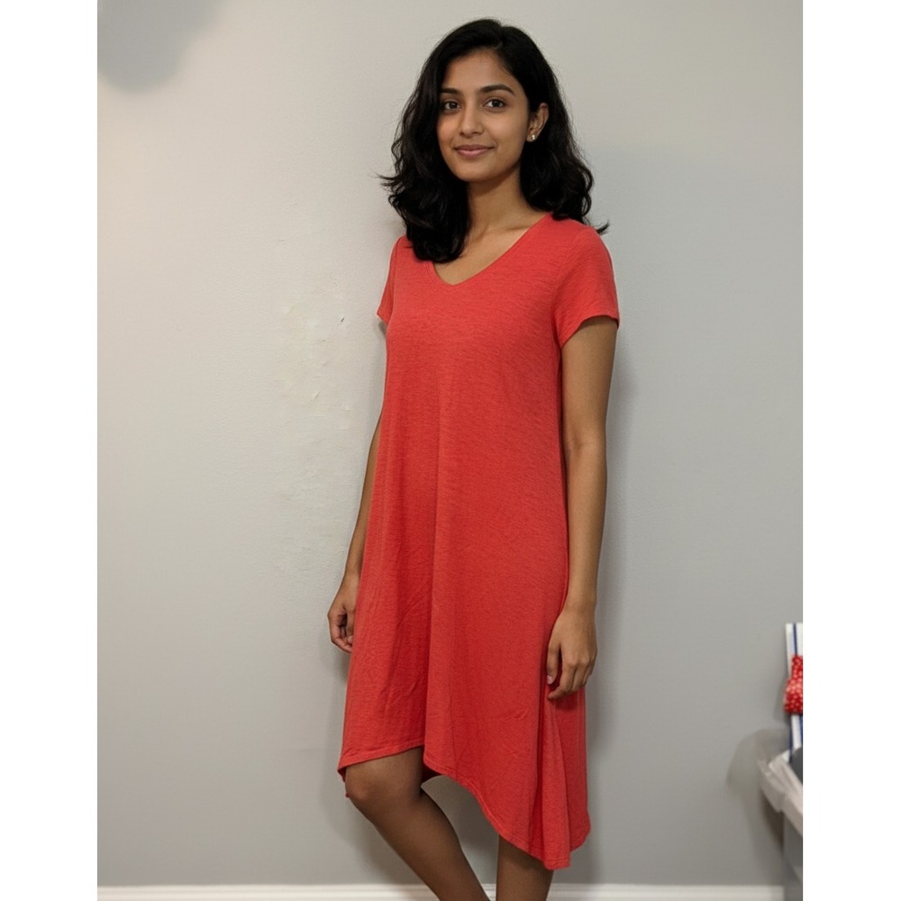 Eileen Fisher‎ Midi T-Shirt Dress Womens Large Red Cotton High Low Hem V-Neck
